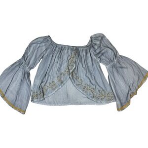 WAYAN Chambray Blouse Embroidered Gold Trim Open Back Bell Sleeve Top M Bohemian